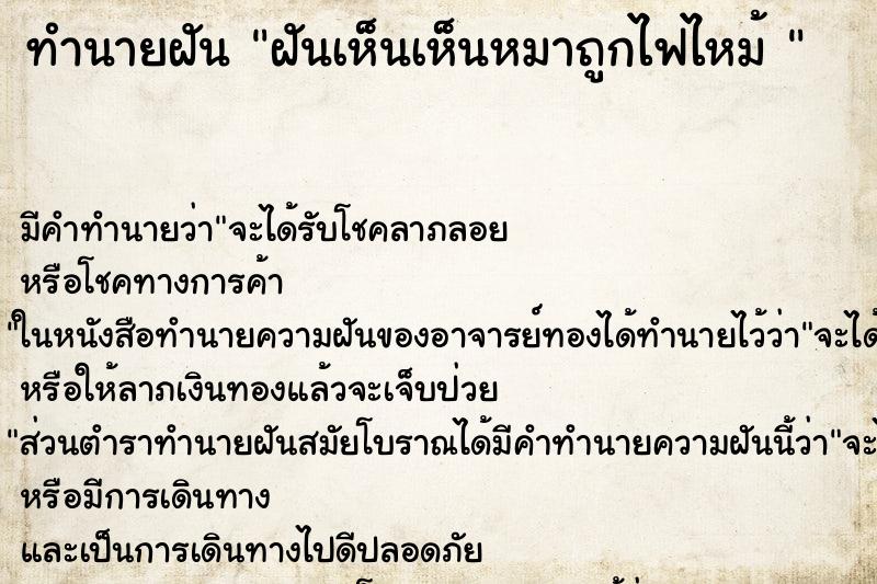 ทำนายฝัน ฝันเห็นเห็นหมาถูกไฟไหม้  ตำราโบราณ แม่นที่สุดในโลก